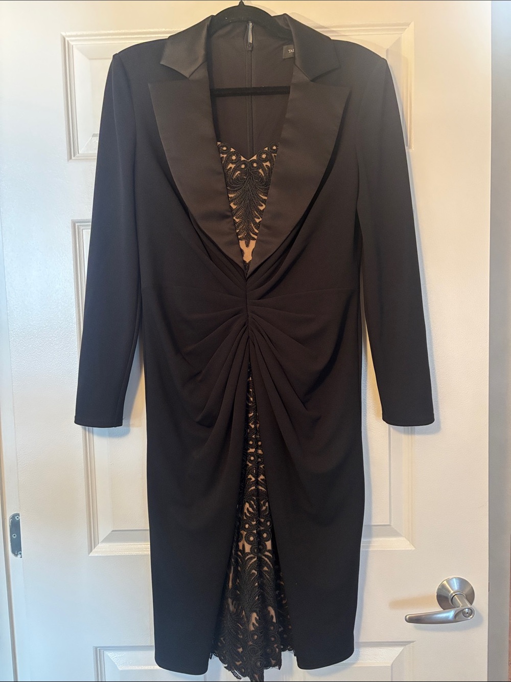 Tadashi Shoji Black Long-Sleeve Draped Front Cocktail Dress with Lace Inset